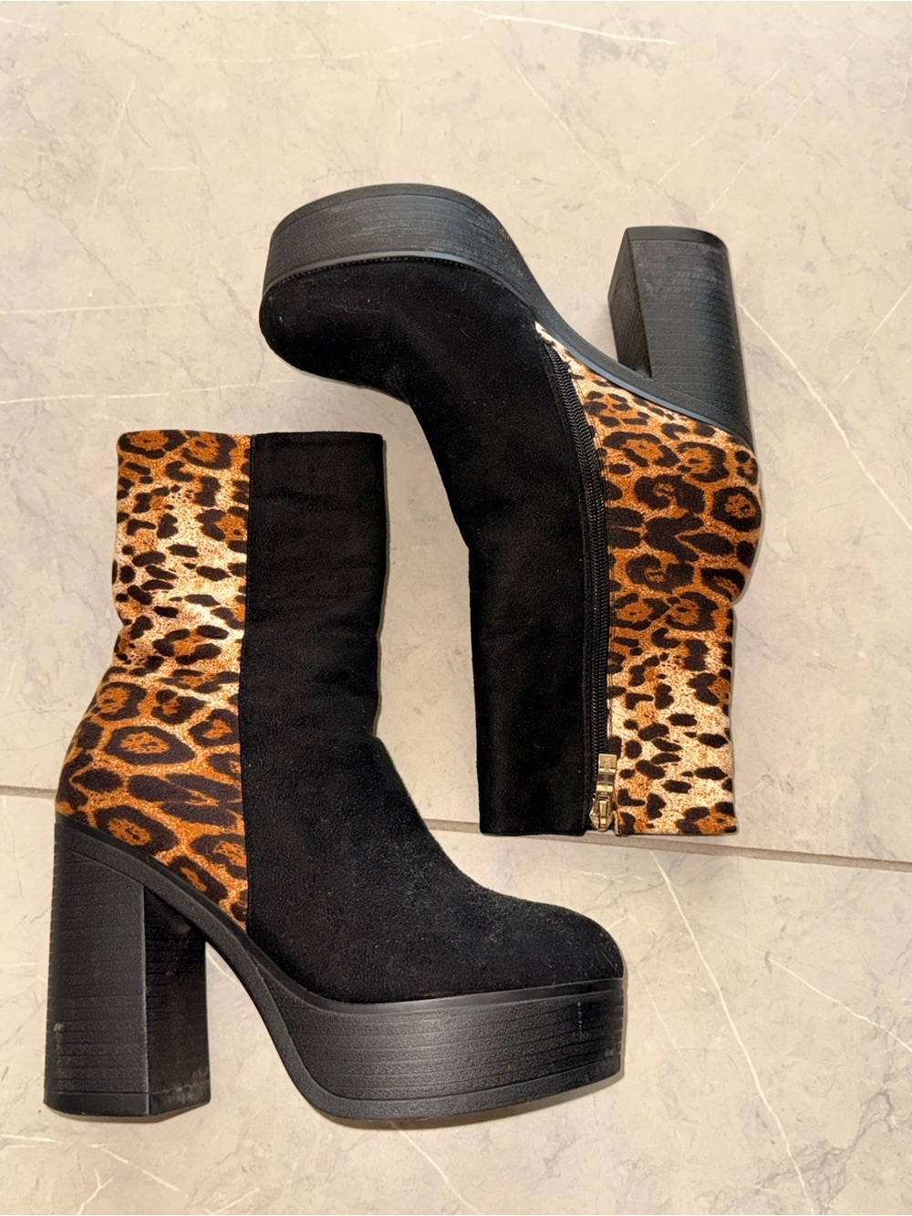 Black & Leopard Platform Ankle Boots with Side Zip
